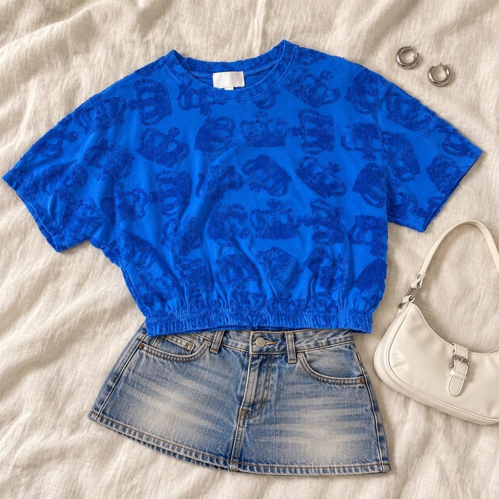 Juicy by Juicy Couture royal blue terry cloth crown print crop top, size Small.